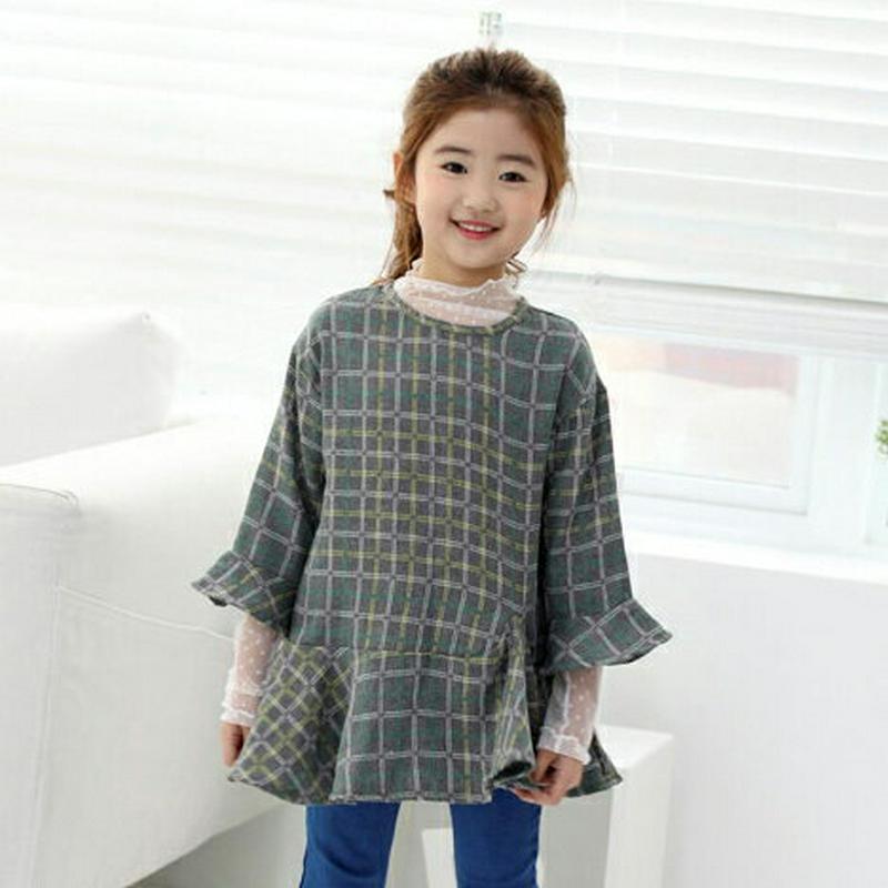 フレアヘムチェックTシャツ・p007771 キッズ【3~8才】【tops】【トップス Tシャツ 長袖 フレア フレアトップス チェック柄 カジュアル 女の子 春 秋 韓国 韓国子供服 子供 こども 子供服 こども服】【KIDS】