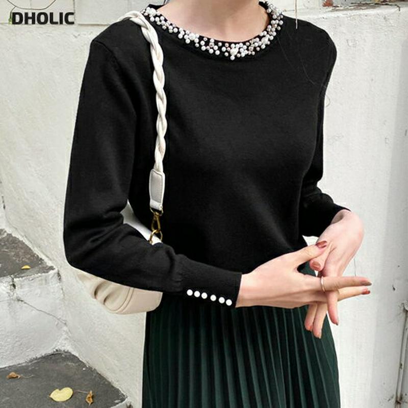 【新作10%OFF】ラウンドネックパールニット・全3色・b64775 レディース【tops】【韓国 ファッション トップス ニッ
