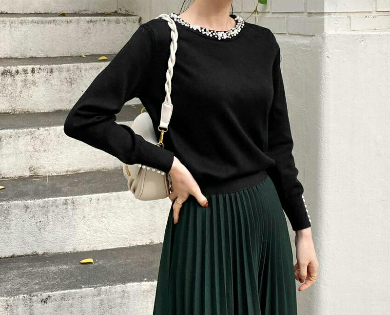 【新作10%OFF】ラウンドネックパールニット・全3色・b64775 レディース【tops】【韓国 ファッション トップス ニッ