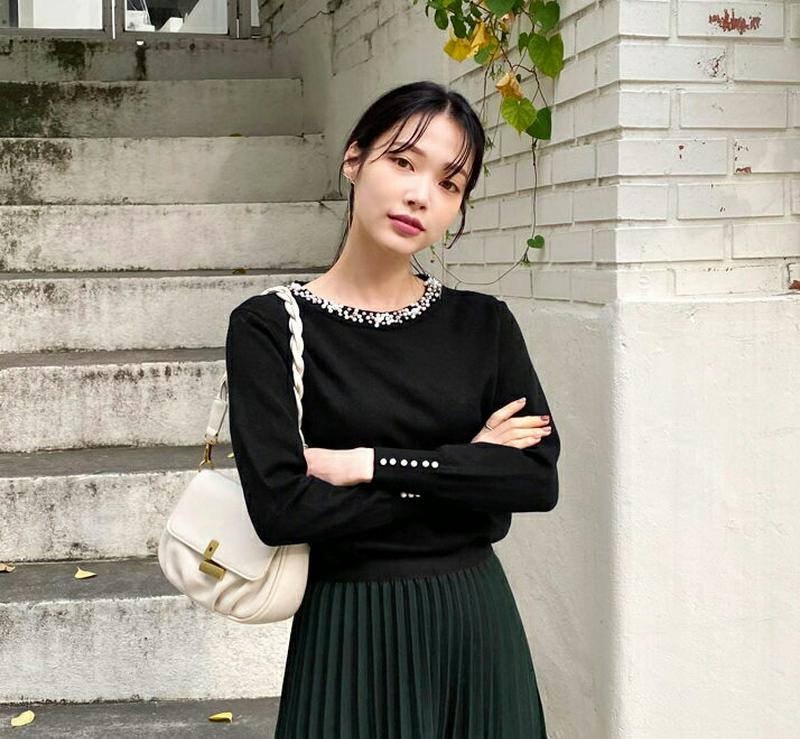 【新作10%OFF】ラウンドネックパールニット・全3色・b64775 レディース【tops】【韓国 ファッション トップス ニッ