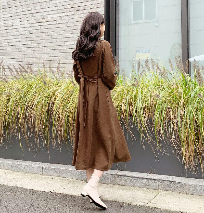 リボンボタン開襟ワンピース・全4色・t64779 レディース【ops】【韓国 ファッション ワンピース ロングワンピース 開襟ワンピース 長袖 ロングスリーブ ボタン リボン スエード調 シンプル 大人 フェミニン 上品 秋 冬】【ハイホリHIHOLLI】