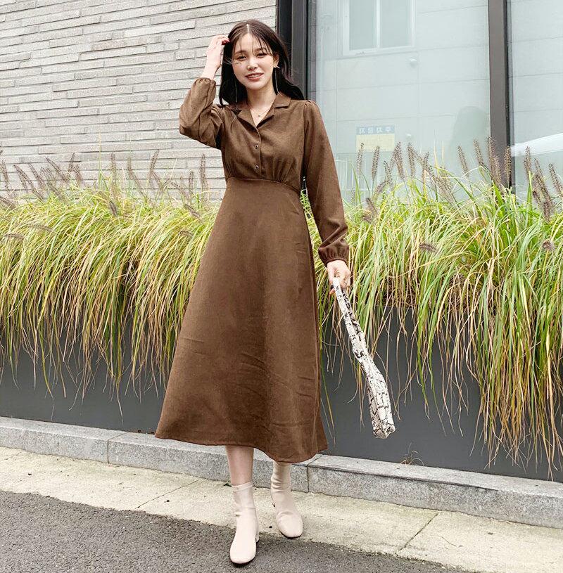リボンボタン開襟ワンピース・全4色・t64779 レディース【ops】【韓国 ファッション ワンピース ロングワンピース 開襟ワンピース 長袖 ロングスリーブ ボタン リボン スエード調 シンプル 大人 フェミニン 上品 秋 冬】【ハイホリHIHOLLI】