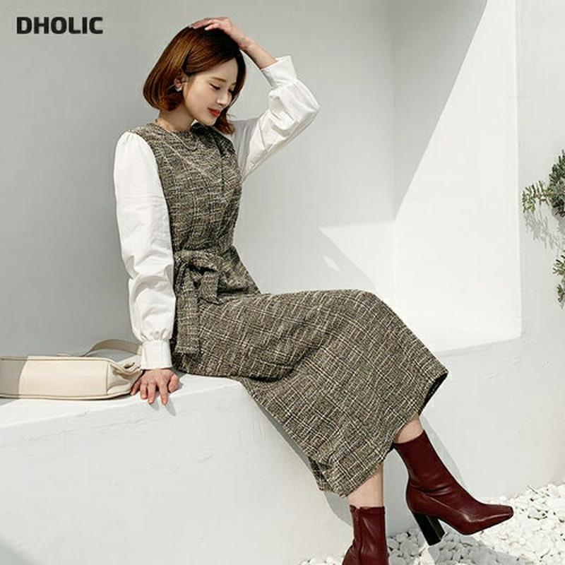 【只今10%OFF】ストラップ付ツイード配色ワンピース・全2色・b56146 レディース【ops】【韓国 ファッション ワンピース ロングワンピース 長袖 ラウンドネック ツイード 配色 コントラスト Hライン ツイード リボン 高級感 大人 フェミニン 上品 秋 冬】【TW】