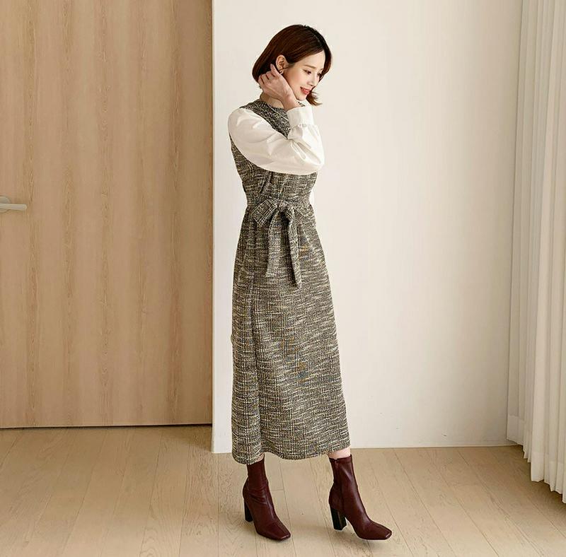 【只今10%OFF】ストラップ付ツイード配色ワンピース・全2色・b56146 レディース【ops】【韓国 ファッション ワンピース ロングワンピース 長袖 ラウンドネック ツイード 配色 コントラスト Hライン ツイード リボン 高級感 大人 フェミニン 上品 秋 冬】【TW】