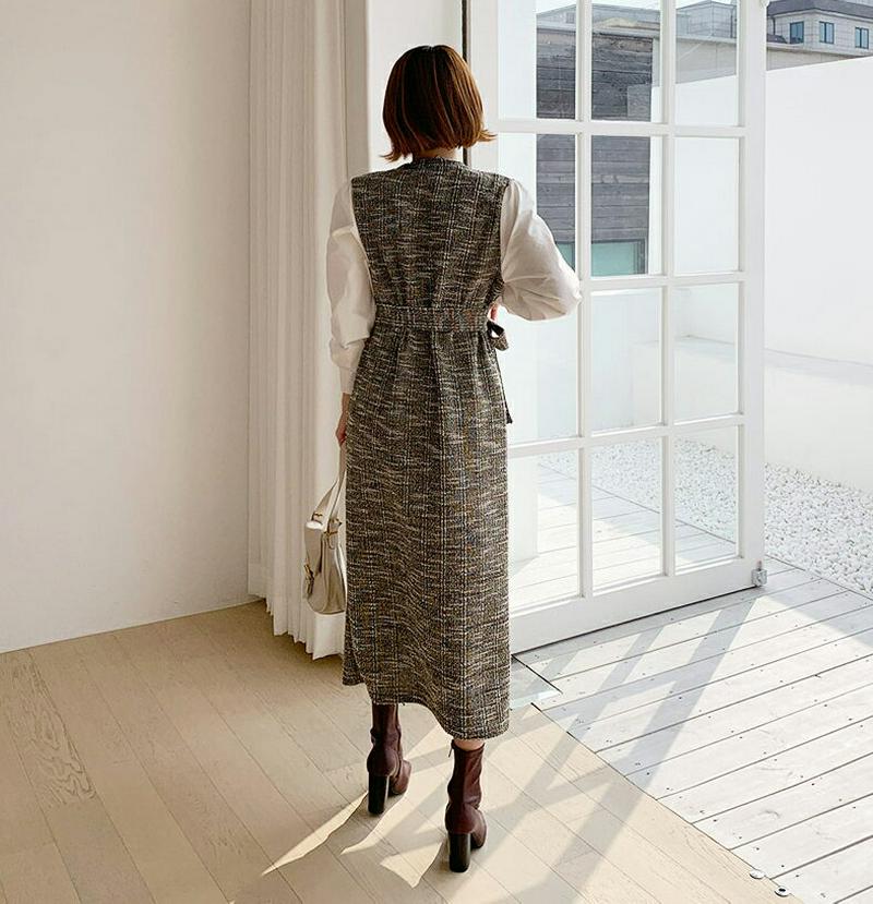 【只今10%OFF】ストラップ付ツイード配色ワンピース・全2色・b56146 レディース【ops】【韓国 ファッション ワンピース ロングワンピース 長袖 ラウンドネック ツイード 配色 コントラスト Hライン ツイード リボン 高級感 大人 フェミニン 上品 秋 冬】【TW】