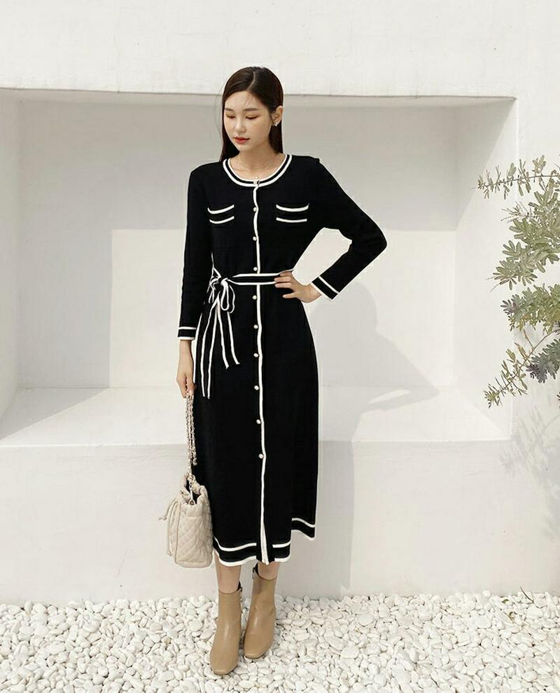 ストラップ付ニット配色ワンピース・全2色・e56121 レディース【ops】【韓国 ファッション ワンピース ロングワンピース ニットワンピース 長袖 ロングスリーブ ラウンドネック 配色 ポケット パール ボタン フレア シンプル 大人 上品 フェミニン 秋 冬】