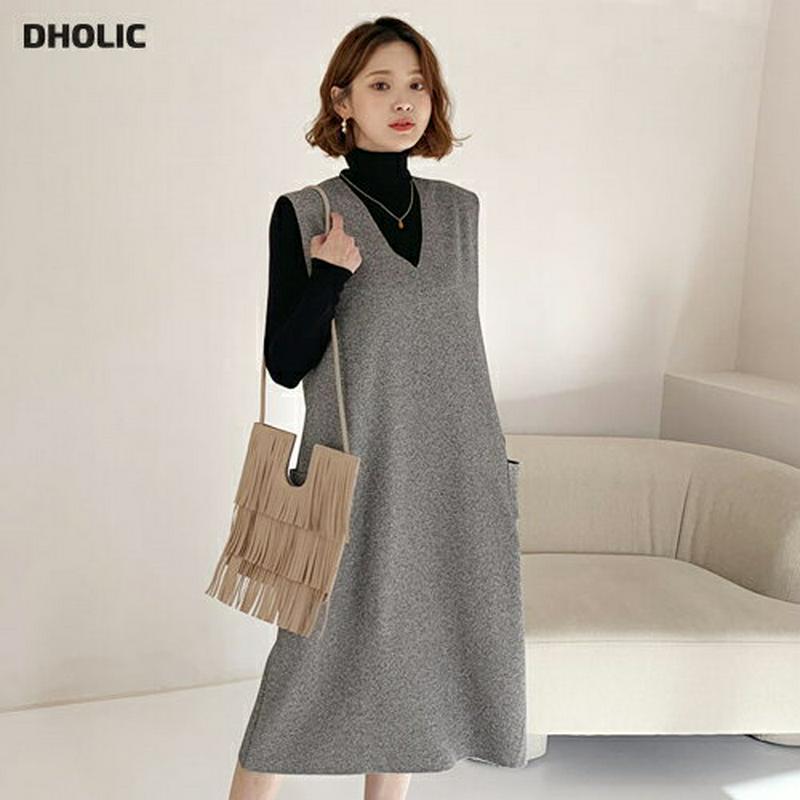 起毛Vネックスリーブレスワンピース・全2色・b56145 レディース【ops】【韓国 ファッション ワンピース ロングワンピース スリーブレス Vネック 深Vネック 起毛 ヘリンボーン 生地 ポケット シンプル シック 上品 大人 秋 冬】