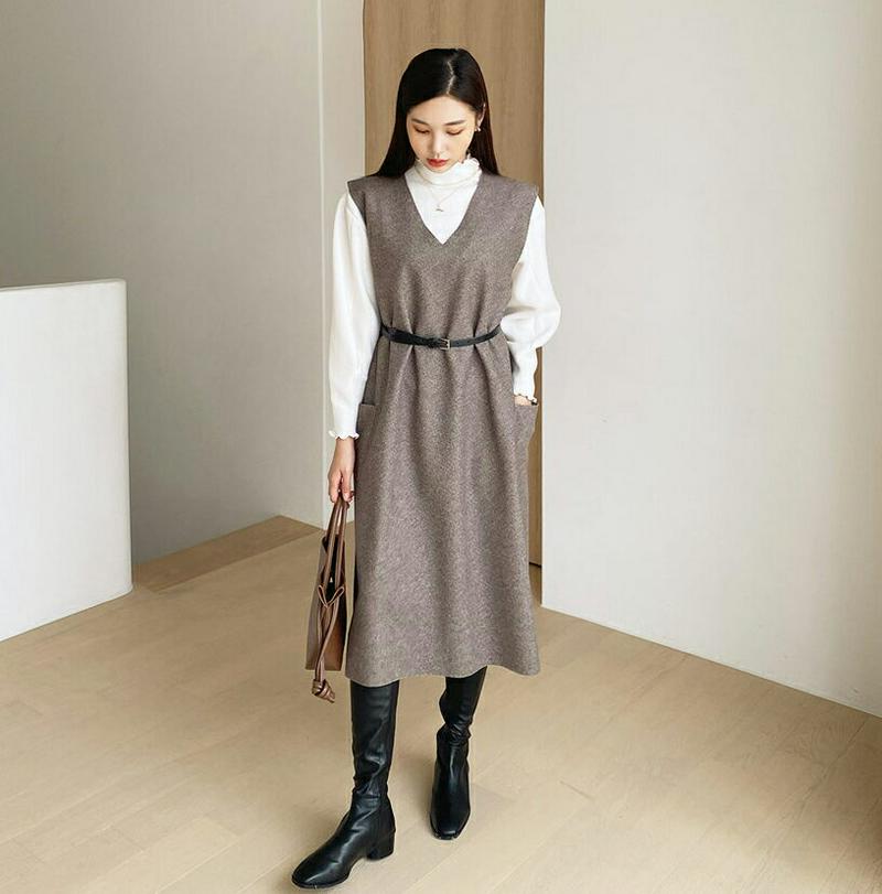 起毛Vネックスリーブレスワンピース・全2色・b56145 レディース【ops】【韓国 ファッション ワンピース ロングワンピース スリーブレス Vネック 深Vネック 起毛 ヘリンボーン 生地 ポケット シンプル シック 上品 大人 秋 冬】