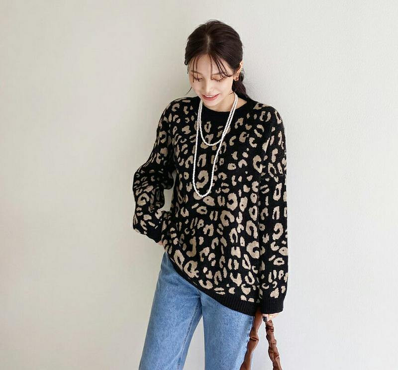 【新作10%OFF】ラウンドレオパードニット・全4色・b64790 レディース【tops】【韓国 ファッション トップス ニット
