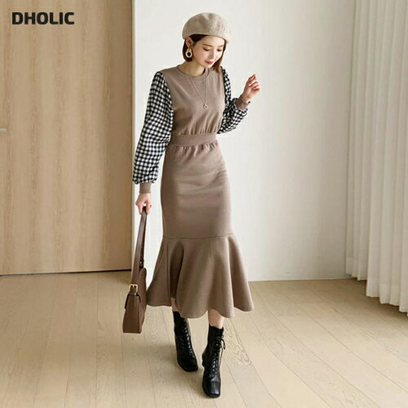 【新作10%OFF】裏起毛スリーブチェックワンピース・全3色・b56124 レディース【ops】【韓国 ファッション ワンピース