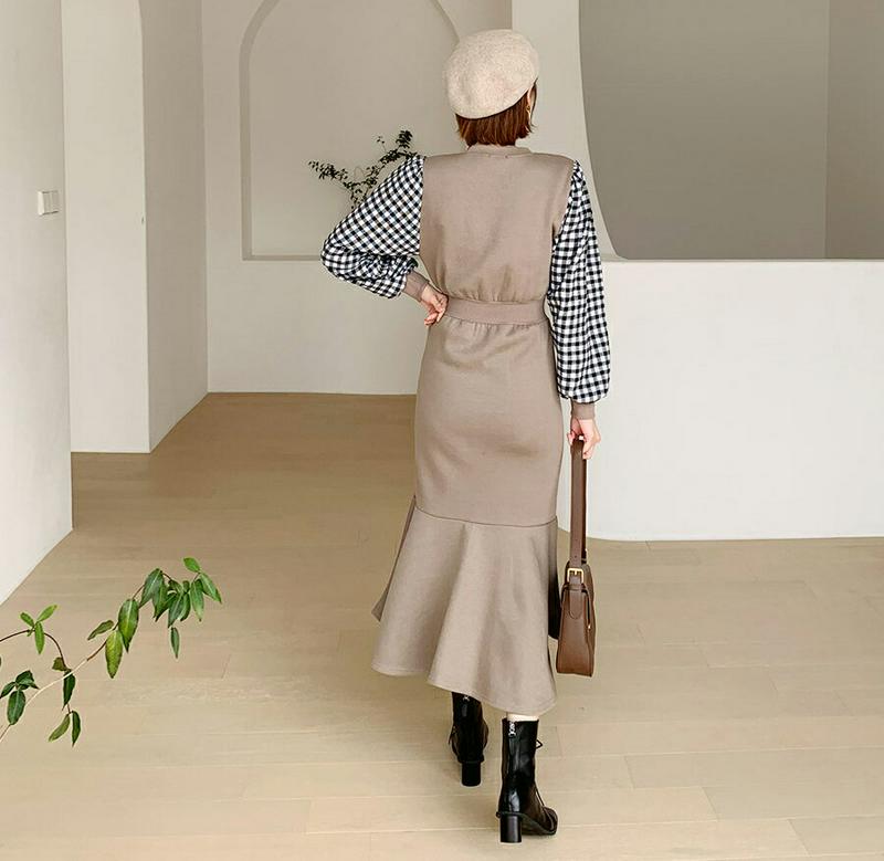 【新作10%OFF】裏起毛スリーブチェックワンピース・全3色・b56124 レディース【ops】【韓国 ファッション ワンピース