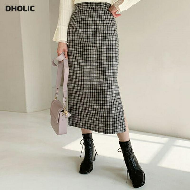 チェックスリットペンシルスカート・全2色・b56141 レディース【sk】【韓国 ファッション ボトムス スカート ロング丈 ロングスカート ペンシルスカート スリット チェック柄 Hライン Hラインスカート バックゴム 上品 大人 フェミニン 秋 冬】