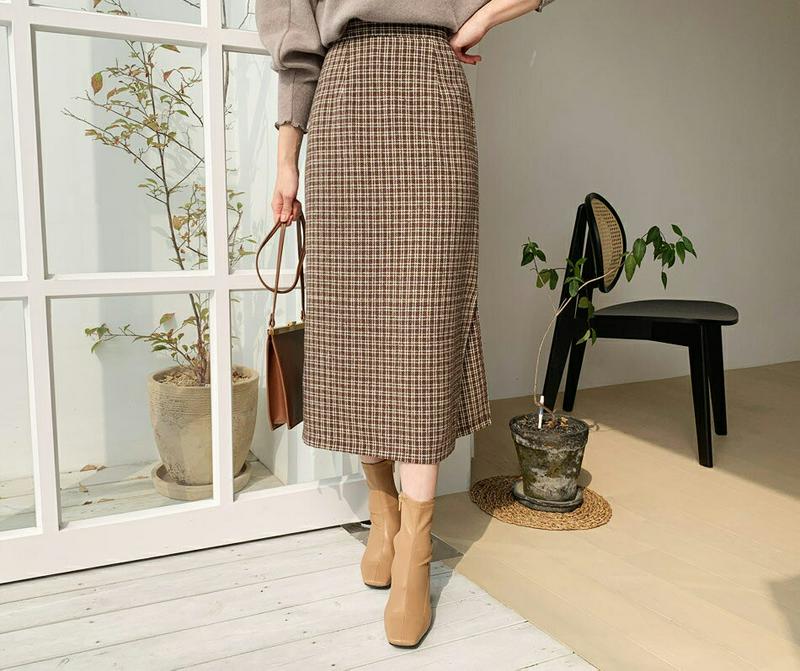 チェックスリットペンシルスカート・全2色・b56141 レディース【sk】【韓国 ファッション ボトムス スカート ロング丈 ロングスカート ペンシルスカート スリット チェック柄 Hライン Hラインスカート バックゴム 上品 大人 フェミニン 秋 冬】
