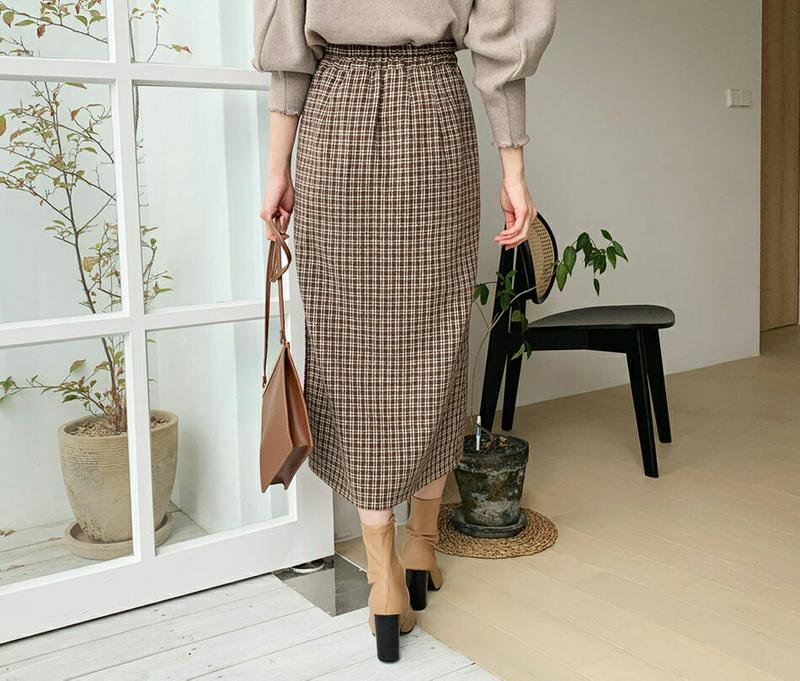 チェックスリットペンシルスカート・全2色・b56141 レディース【sk】【韓国 ファッション ボトムス スカート ロング丈 ロングスカート ペンシルスカート スリット チェック柄 Hライン Hラインスカート バックゴム 上品 大人 フェミニン 秋 冬】