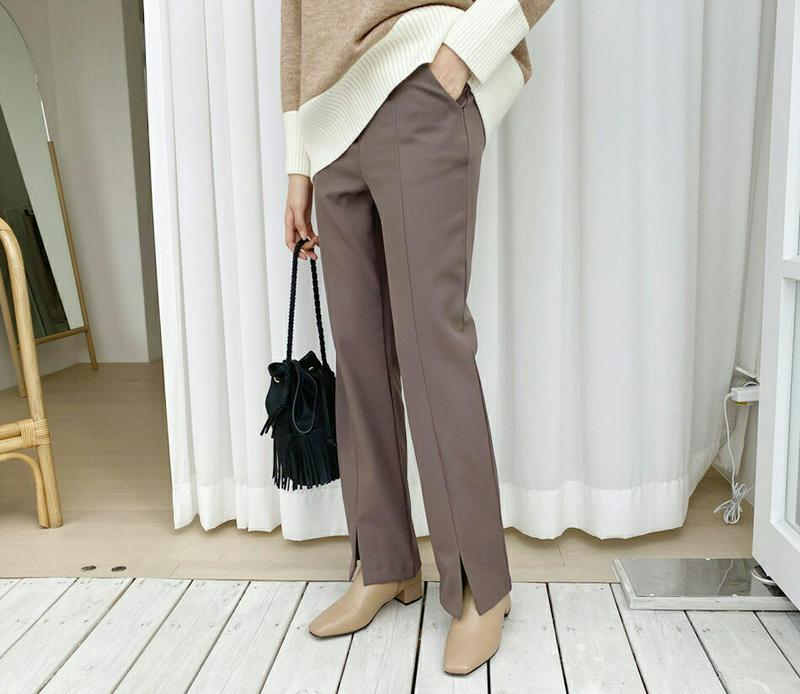 裏起毛スリットスラックス・全2色・t56137 レディース【pt】【韓国 ファッション ボトムス ズボン パンツ ロングパンツ スラックス ロングスラックス センターライン スリット 裏起毛 シンプル 単色 無地 カジュアル 大人 秋 冬】