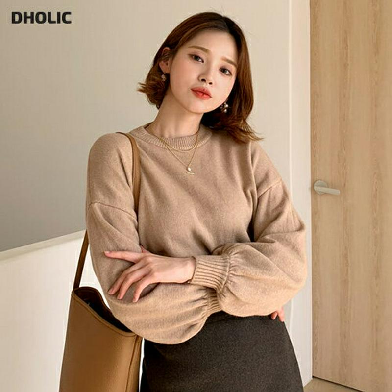 パフスリーブニット・全5色・t56114 レディース【tops】【韓国 ファッション トップス ニット ニットトップス パフスリーブ 長袖 ボリューム袖 ラウンドネック シンプル 単色 無地 カジュアル 大人 ラフ 秋 冬】