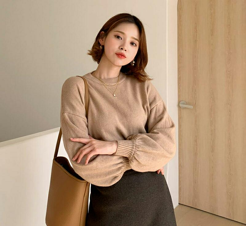 パフスリーブニット・全5色・t56114 レディース【tops】【韓国 ファッション トップス ニット ニットトップス パフスリーブ 長袖 ボリューム袖 ラウンドネック シンプル 単色 無地 カジュアル 大人 ラフ 秋 冬】
