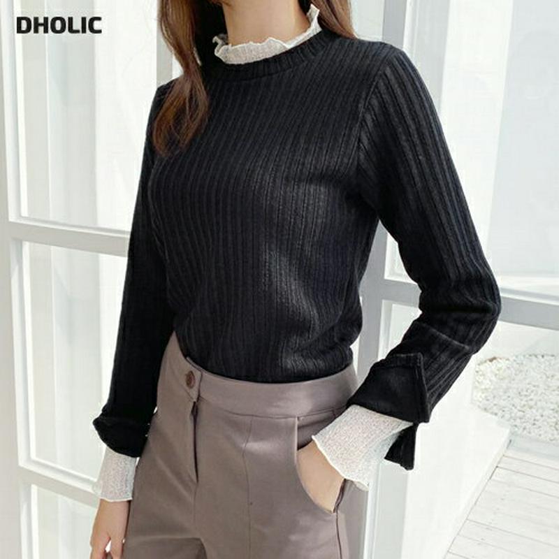 【只今10%OFF】レースネックリブニット・全3色・t56143 レディース【tops】【韓国 ファッション トップス ニット ニットトップス ロングスリーブ 長袖 レース レースネック リブ リブニット スリム スリット シンプル カジュアル 大人 秋 冬】