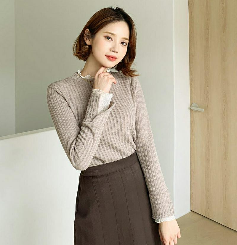 【只今10%OFF】レースネックリブニット・全3色・t56143 レディース【tops】【韓国 ファッション トップス ニット ニットトップス ロングスリーブ 長袖 レース レースネック リブ リブニット スリム スリット シンプル カジュアル 大人 秋 冬】