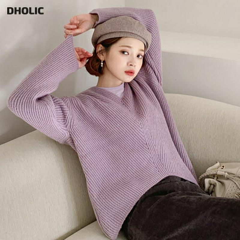 【新作10%OFF】Vネックアンバランスニット・全4色・t56118 レディース【tops】【韓国 ファッション トップス ニッ