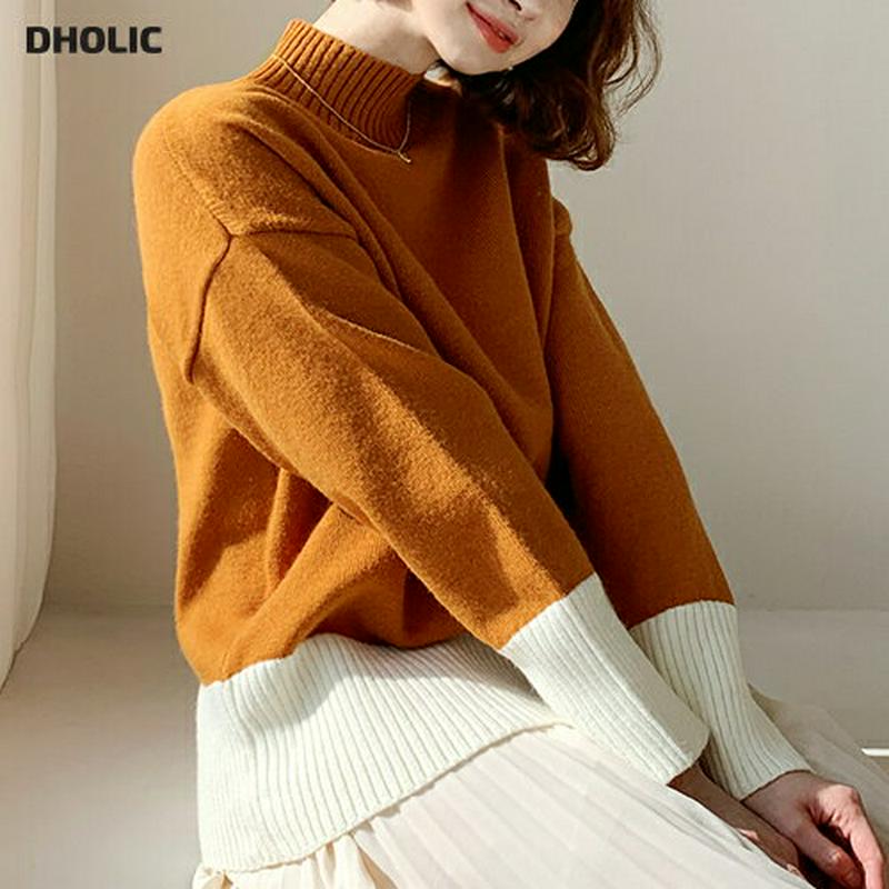 【新作10%OFF】配色ヘムハーフネックニット・全3色・b56115 レディース【tops】【韓国 ファッション トップス ニッ