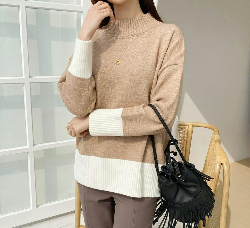 【新作10%OFF】配色ヘムハーフネックニット・全3色・b56115 レディース【tops】【韓国 ファッション トップス ニッ