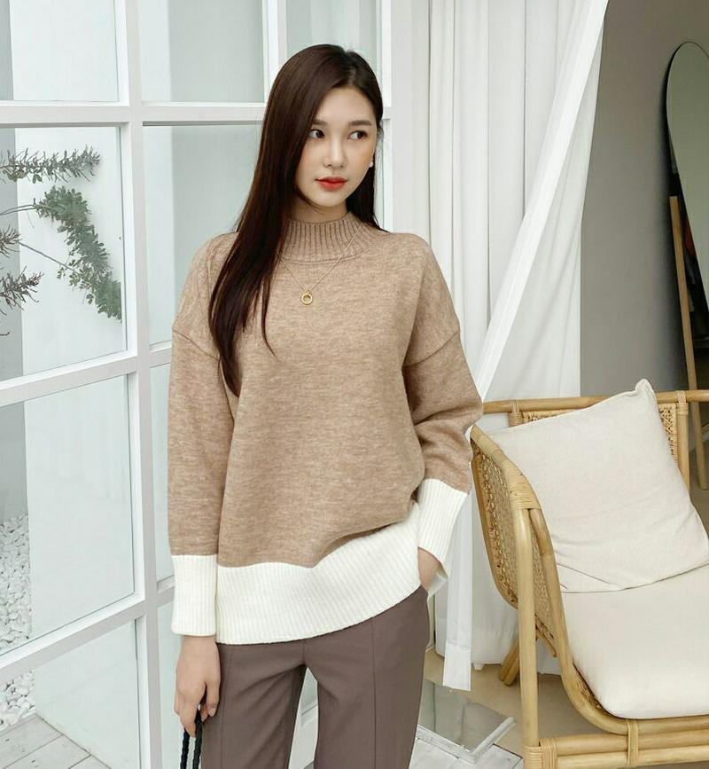 【新作10%OFF】配色ヘムハーフネックニット・全3色・b56115 レディース【tops】【韓国 ファッション トップス ニッ
