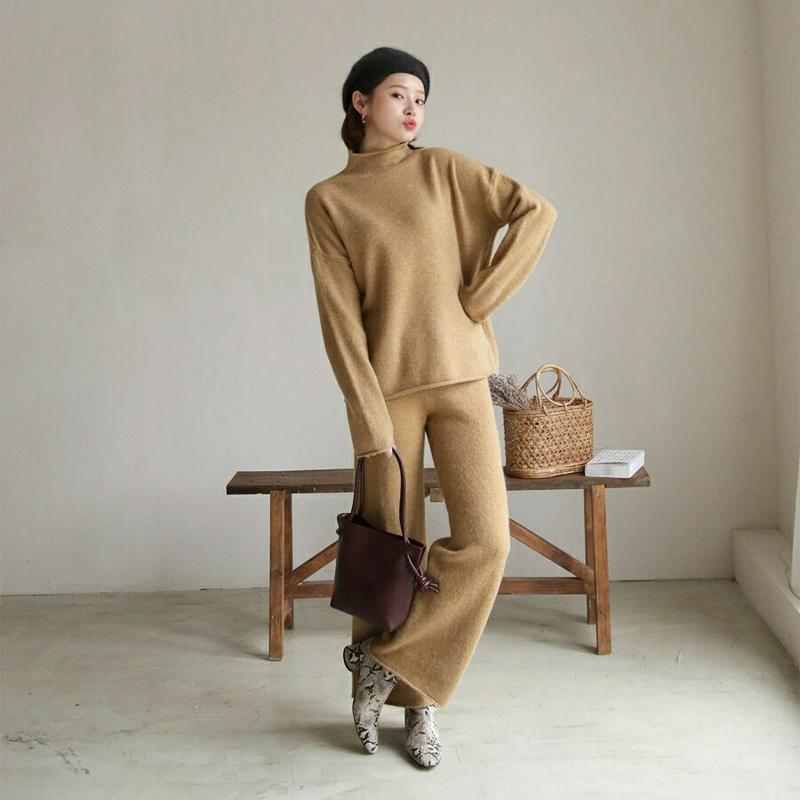 【只今10%OFF】ロールニット&パンツSET・全3色・b61541 レディース【pt】【韓国 ファッション セットアップ se