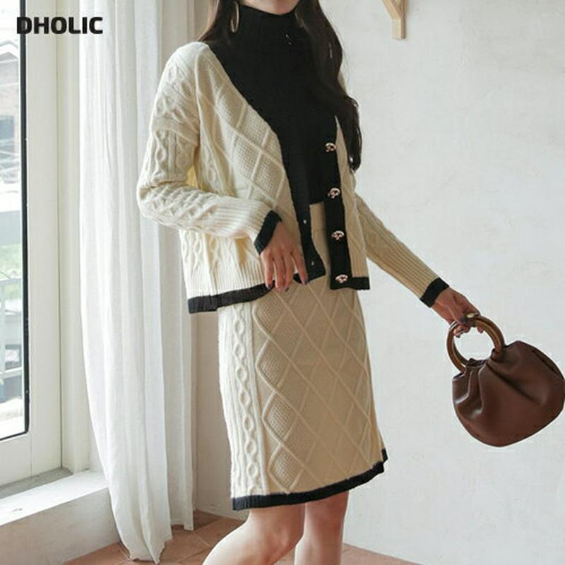 配色カーディガン&スカートSET・全2色・e61536 レディース【ops】【韓国 ファッション セットアップ setup カーディガン ショート丈 Vネック ボタン ミディ丈 ミディスカート ウエストゴム 配色 Hライン シンプル 大人 上品 フェミニン 秋 冬】