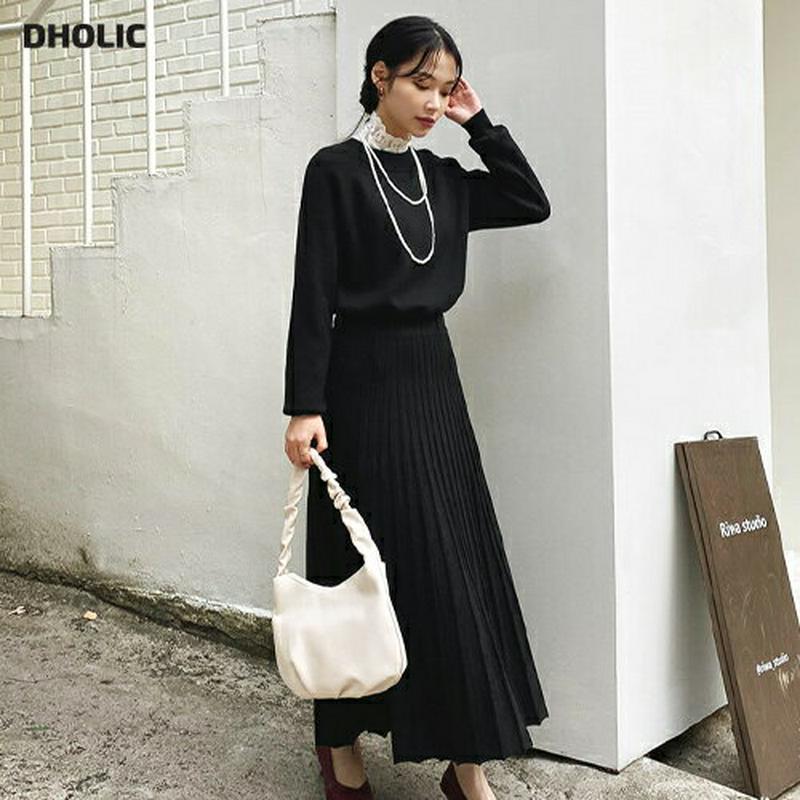 ラウンドニット&プリーツスカートSET・全2色・b64784 レディース【ops】【韓国 ファッション セットアップ setup ニット ラグランスリーブ 長袖 ラウンドネック ロングスカート フレア プリーツ シンプル 単色 無地 大人 秋 冬】【ハイホリHIHOLLI】