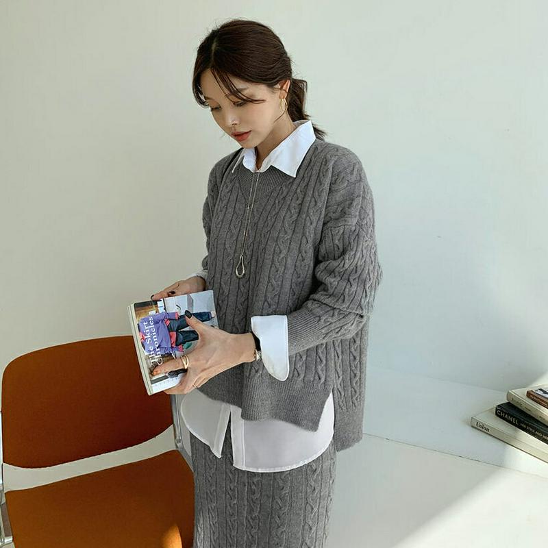 【只今10%OFF】ツイストVネックニット&スカートSET・全4色・t64832 レディース【ops】【韓国 ファッション セッ