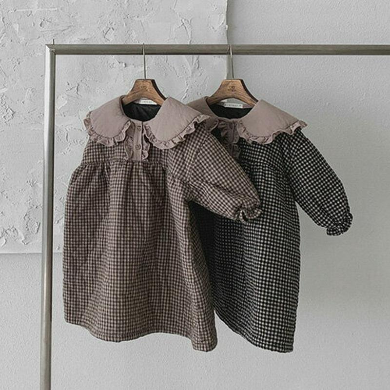 【キッズ20%OFF】中綿フリルカラーチェックワンピース・u08117 キッズ【3~8才】【ops】【ワンピース 長袖 チェック