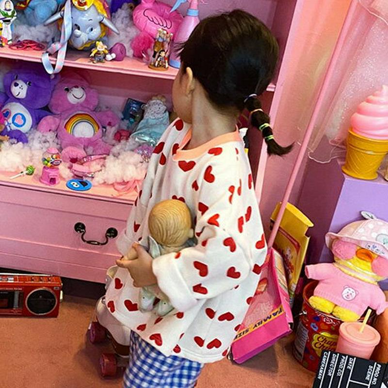 【キッズ20%OFF】裏起毛ハートTシャツ・u08154 キッズ【3~8才】【tops】【トップス 長袖 ハート 柄 裏起毛 可