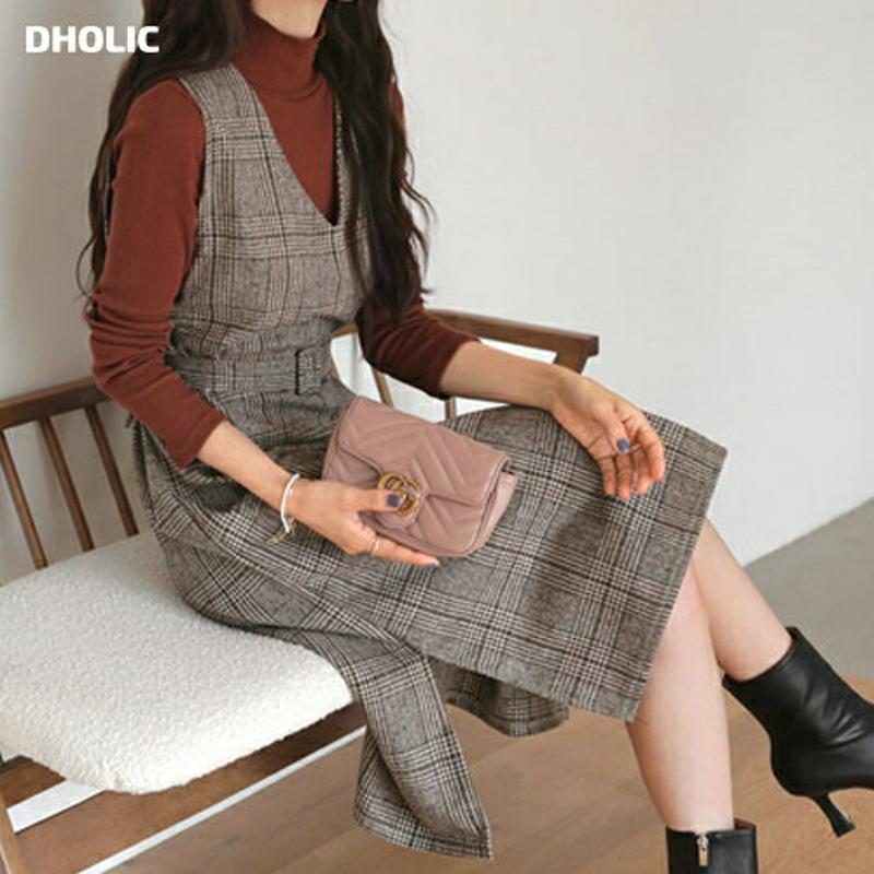 ≪人気商品再入荷≫ベルト付チェックワンピース・全3色・t64392 レディース【ops】 韓国ファッション ワンピース ロングワンピース Vネック スリーブレス ベルト Aライン Aラインワンピース スリット チェック柄 グレンチェック 大人 上品 秋 冬