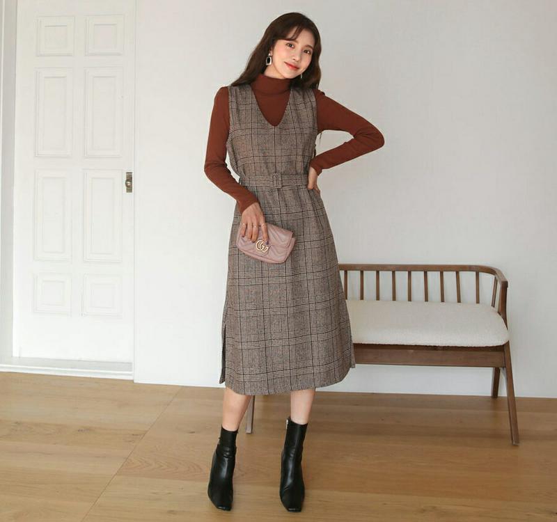 ≪人気商品再入荷≫ベルト付チェックワンピース・全3色・t64392 レディース【ops】 韓国ファッション ワンピース ロングワンピース Vネック スリーブレス ベルト Aライン Aラインワンピース スリット チェック柄 グレンチェック 大人 上品 秋 冬