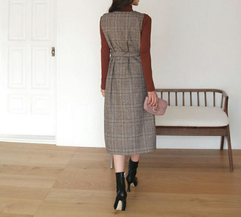 ≪人気商品再入荷≫ベルト付チェックワンピース・全3色・t64392 レディース【ops】 韓国ファッション ワンピース ロングワンピース Vネック スリーブレス ベルト Aライン Aラインワンピース スリット チェック柄 グレンチェック 大人 上品 秋 冬