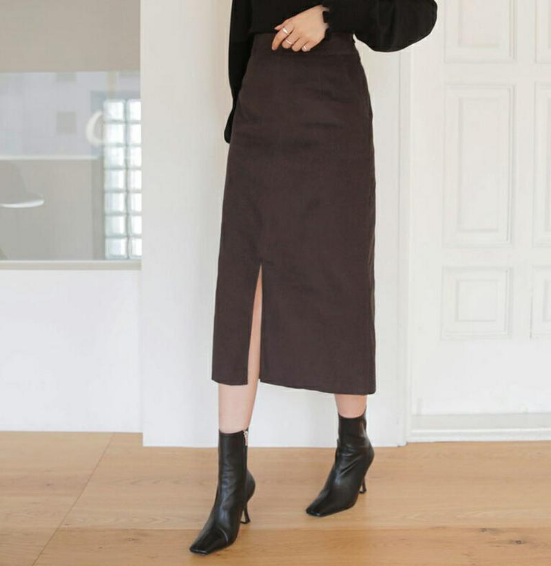スリットコーデュロイスカート・全3色・t64368 レディース【sk】【韓国 ファッション ボトムス スカート ロング丈 ロングスカート スリム スリット コーデュロイ バックゴム シンプル カジュアル 単色 無地 大人 秋 冬】