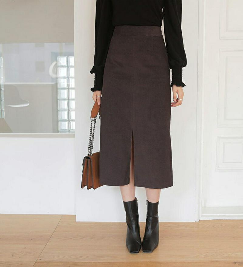 スリットコーデュロイスカート・全3色・t64368 レディース【sk】【韓国 ファッション ボトムス スカート ロング丈 ロングスカート スリム スリット コーデュロイ バックゴム シンプル カジュアル 単色 無地 大人 秋 冬】