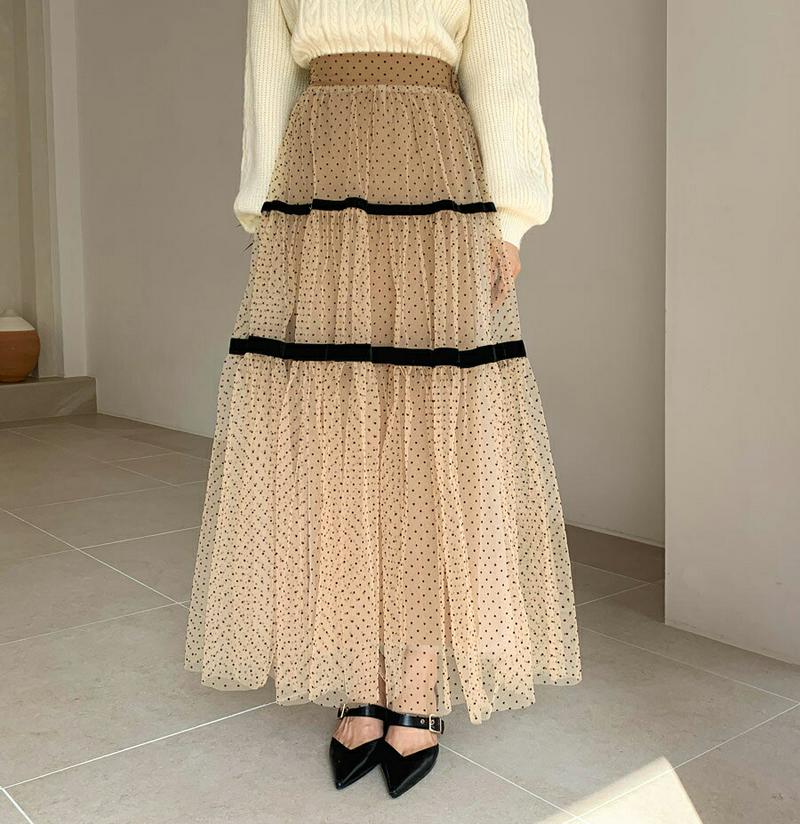 ドットチュールスカート・全2色・b64395 レディース【sk】【韓国 ファッション ボトムス スカート ロング丈 ロングスカー