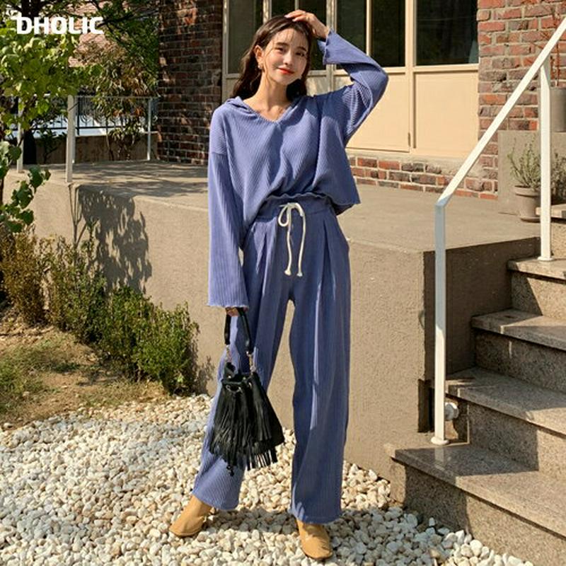 リブフードTシャツ&パンツSET・全3色・t64377 レディース【pt】【韓国 ファッション セットアップ setup Tシャ