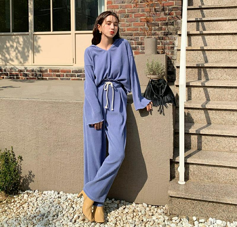 リブフードTシャツ&パンツSET・全3色・t64377 レディース【pt】【韓国 ファッション セットアップ setup Tシャ