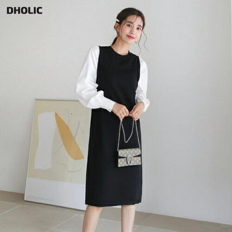 パフ配色ワンピース・全2色・b64373 レディース【ops】【韓国 ファッション ワンピース ミディ丈 ミディワンピース ロン