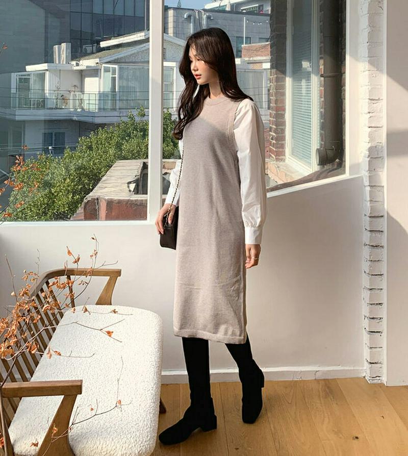 パフ配色ワンピース・全2色・b64373 レディース【ops】【韓国 ファッション ワンピース ミディ丈 ミディワンピース ロン