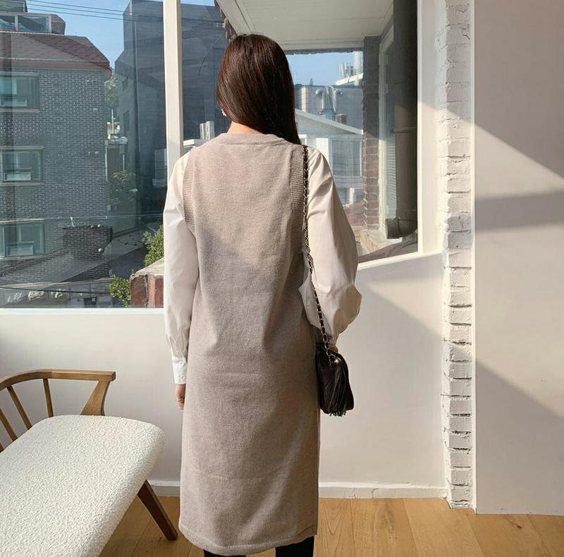 パフ配色ワンピース・全2色・b64373 レディース【ops】【韓国 ファッション ワンピース ミディ丈 ミディワンピース ロン