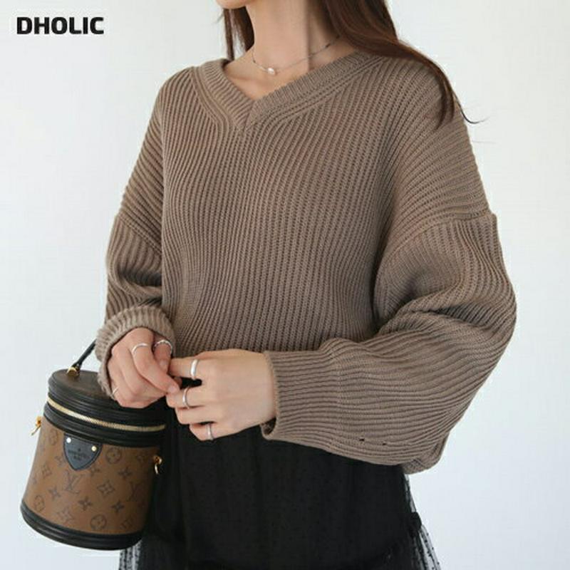 Vネックルーズニット・全5色・t64388 レディース【tops】【韓国 ファッション トップス ニット ニットトップス 長袖 ロングスリーブ ドロップショルダー Vネック 鎖骨 デコルテ ルーズ ローゲージ シンプル カジュアル ゆったり 秋 冬】