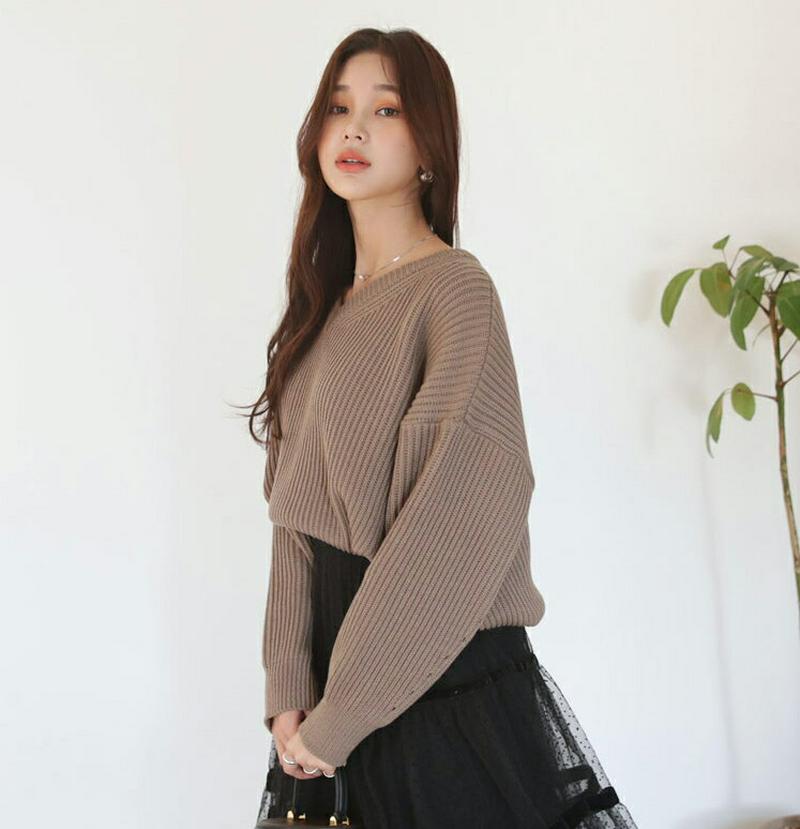 Vネックルーズニット・全5色・t64388 レディース【tops】【韓国 ファッション トップス ニット ニットトップス 長袖 ロングスリーブ ドロップショルダー Vネック 鎖骨 デコルテ ルーズ ローゲージ シンプル カジュアル ゆったり 秋 冬】