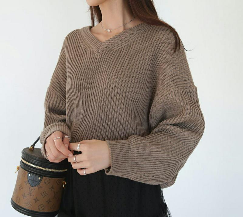 Vネックルーズニット・全5色・t64388 レディース【tops】【韓国 ファッション トップス ニット ニットトップス 長袖 ロングスリーブ ドロップショルダー Vネック 鎖骨 デコルテ ルーズ ローゲージ シンプル カジュアル ゆったり 秋 冬】