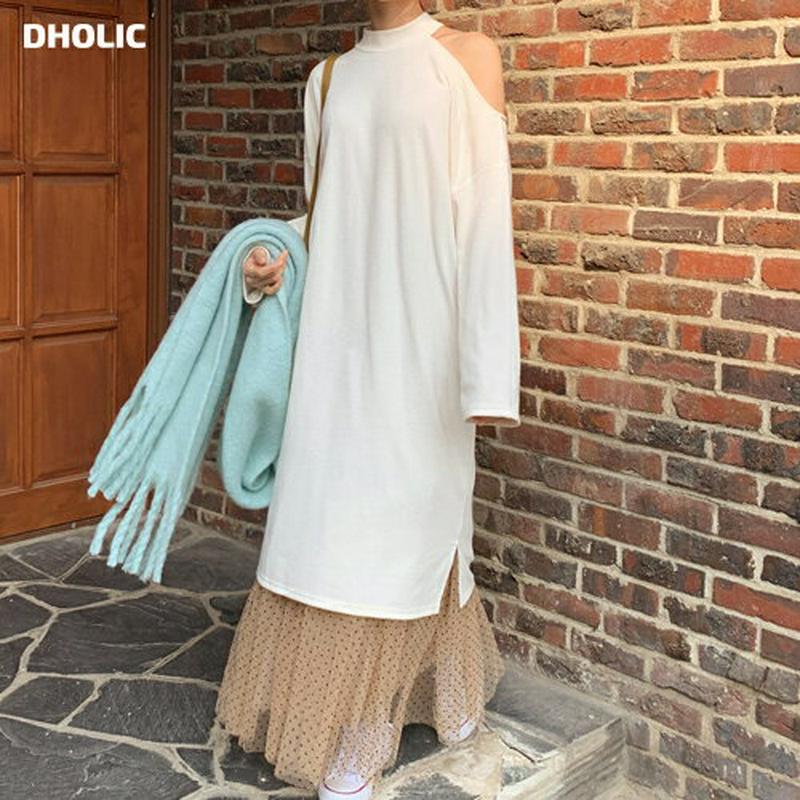 裏起毛ショルダースリットワンピース・全4色・t64376 レディース【ops】【韓国 ファッション ワンピース ロングワンピース