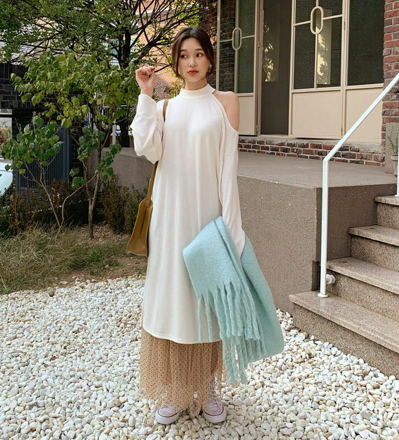 裏起毛ショルダースリットワンピース・全4色・t64376 レディース【ops】【韓国 ファッション ワンピース ロングワンピース