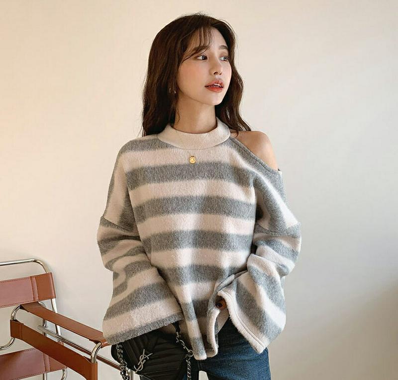 起毛ショルダーカットボーダーニット・全3色・t64361 レディース【tops】【韓国 ファッション トップス ニット ニットト